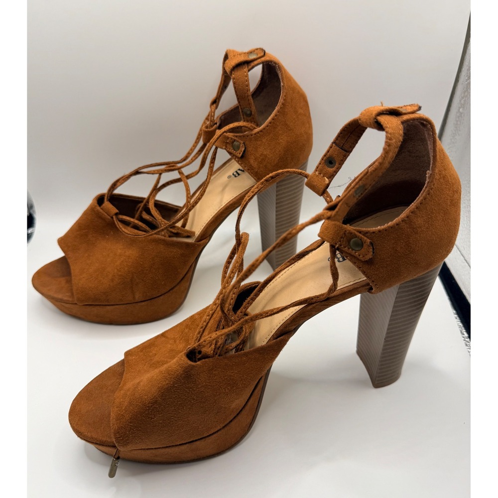 JustFab Yana Cognac Brown Faux Suede Lace Up Platform Block Heel Sandals Size 10